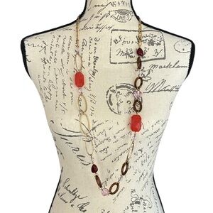 Lia Sophia Gold-Tone Red & Brown Beaded Link Necklace